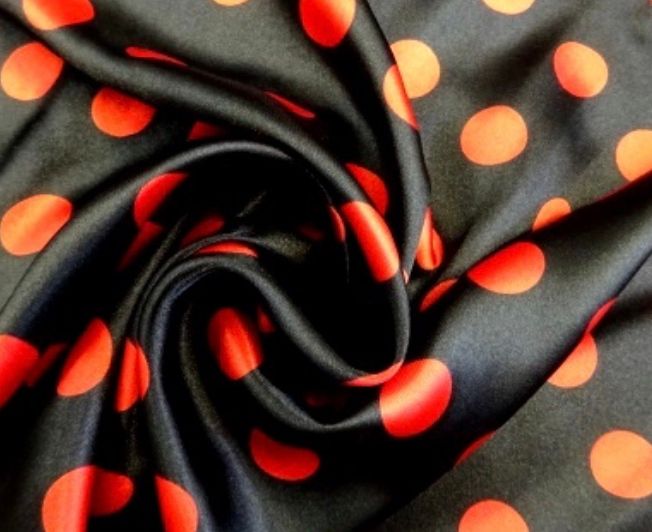 Black / Red Pokka Dot Satin Fabric 