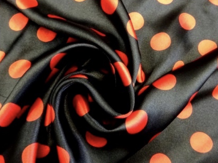 Black / Red Pokka Dot Satin Fabric 
